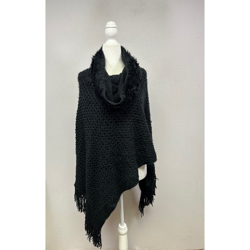 Whimsigoth Cozy Womens One Size Black Faux Fur Trim Fringe Popcorn Poncho